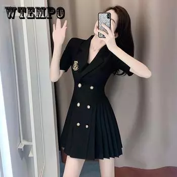 Летний французский дизайн костюма платье женская мода темперамент талии плиссированный костюм юбка XXL чёрный