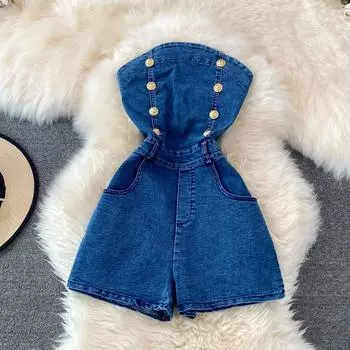 Летний французский ретро с высокой талией, тонкий комбинезон без бретелек, модный джинсовый комбинезон, широкие шорты для детей