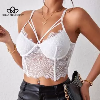 Летний французский стиль элегантный новый полый кружевной шов стальное кольцо рыбья кость короткий дизайн слинг-топ XS чёрный