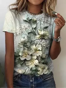 Летняя новая мода 3D цветочный принт женские футболки с круглым вырезом с коротким рукавом повседневная уличная футболка свободная одежда женская одежда S