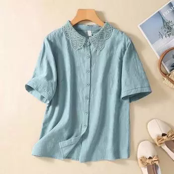 Летний хлопковый льняной топ для женщин, блузка, жаккардовая рубашка с кружевным воротником и вышивкой S белый
