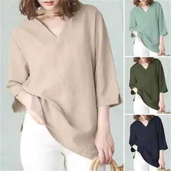Летний хлопковый льняной топ, однотонный, с V-образным вырезом, свободный, с рукавом семь четвертей, с разрезом, модная рубашка, блузки и рубашки S армия зеленый