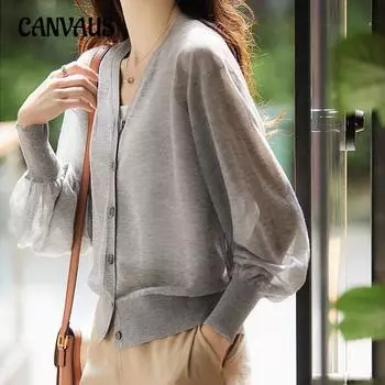 Летний и осенний женский кардиган, легкий дышащий кардиган с v-образным вырезом, тонковязанный кардиган, топ с длинными рукавами One Size серый