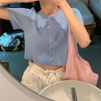 Летний интернет-знаменитость, аккуратный топ с машинкой, укороченный топ, узкая трикотажная футболка с коротким рукавом для женщин One size