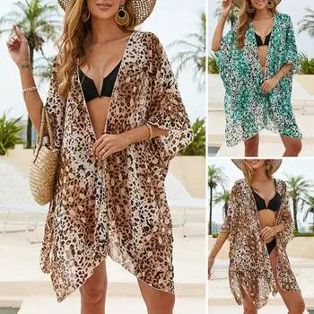Летний кардиган-бикини с леопардовым узором, пляжная одежда, кардиган с короткими рукавами и открытым передом, солнцезащитный купальник, накидка хаки