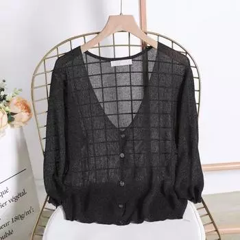 Летний кардиган с солнцезащитой в сочетании с трикотажным свитером из ледяного шелка для женщин, короткое и ультратонкое пальто One Size чёрный