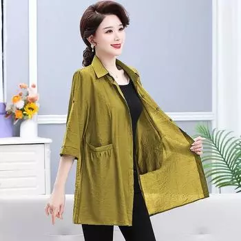 Летний кардиган, солнцезащитный тонкий пиджак, рубашка, женская рубашка среднего возраста, свободная однотонная ветровка с рукавами пятью точками, средней длины XXXXXL синий