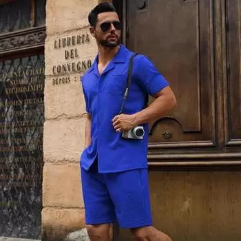 Летний карманный повседневный текстурный пляжный трикотажный свитер с коротким рукавом на пуговицах и шорты S