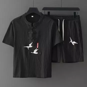 Летний китайский стиль мужской этнический стиль хлопковый и льняной жаккардовый мужской костюм с короткими рукавами костюм Тан вышивка XXXXXL чёрный