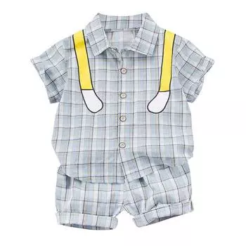 Летний клетчатый узор для маленьких мальчиков, хлопковый топ с короткими рукавами и отложным воротником высокого качества + штаны, милые модные комплекты для маленьких мальчиков XL