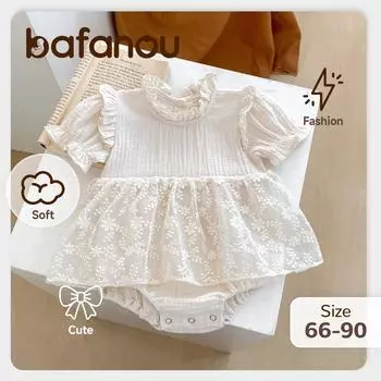 Летний комбинезон для девочек, детская кружевная хлопковая одежда, однотонный комбинезон для девочек, bafanou 21063 66cm(3-6M) бежевый