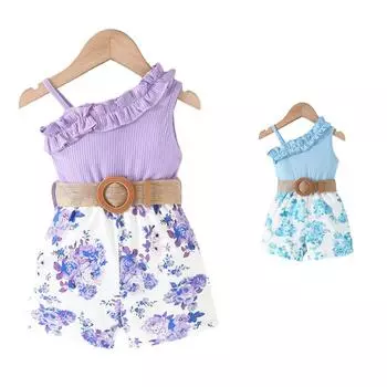Летний комбинезон для девочек с кружевным вырезом, лоскутное шитье, без рукавов, на тонких бретельках, шорты с цветочным принтом 3-4Y