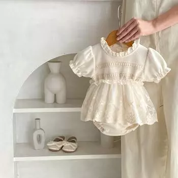 Летний комбинезон для девочки с вафельным кружевом и короткими рукавами, однотонное платье для малышей, одежда для малышей bafanou 61033 66cm(3-6M) бежевый