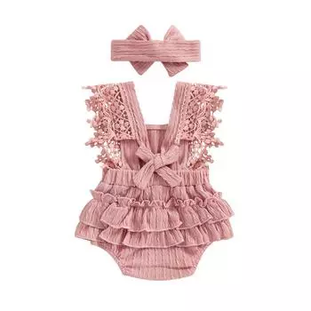 Летний комбинезон для маленьких девочек 3, 6, 12, 18 месяцев, комбинезон с кружевными рукавами и квадратным вырезом, бантом и повязкой на голову 0-3 Months розовый