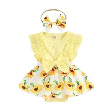 Летний комбинезон для маленьких девочек 3, 6, 12, 18 месяцев, кружевной лоскутный комбинезон с цветочным принтом, платье и повязка на голову, комплект милой модной одежды, наряды 0-3 Months розовый