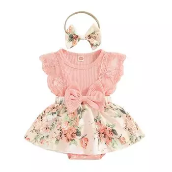 Летний комбинезон для маленьких девочек 3, 6, 12, 18 месяцев, кружевной лоскутный комбинезон с цветочным принтом, платье и повязка на голову, комплект милой модной одежды, наряды 0-3 Months жёлтый