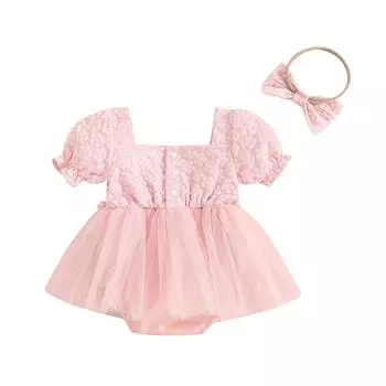 Летний комбинезон для маленьких девочек, тюлевой комбинезон с квадратным вырезом и повязкой на голову с бантом, 3D цветок, короткий рукав 12-18 Months розовый