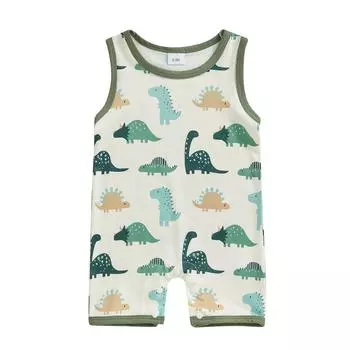 Летний комбинезон для маленьких мальчиков, модный комбинезон без рукавов с круглым вырезом и принтом динозавра, комбинезон для новорожденных 0-3 Months зелёный