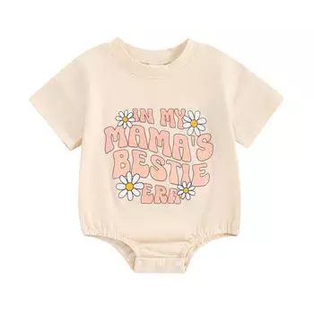 Летний комбинезон для младенцев и девочек с принтом в виде букв и цветов, с круглым вырезом и короткими рукавами, футболка для малышей, одежда 0-3 Months