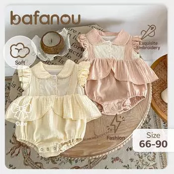 Летний комбинезон для новорожденных из хлопка с рукавами-крылышками для девочек, рабочая одежда с нашивками, однотонный комбинезон для девочек bafanou 22332 66cm(3-6M) розовый