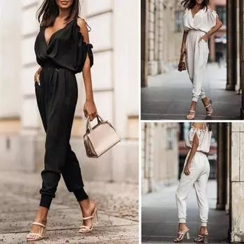 Летний комбинезон, однотонный, с открытой спиной, на шнуровке, с рукавами «летучая мышь», с V-образным вырезом, эластичной резинкой на талии, с короткими рукавами, женский комбинезон для свиданий XL чёрный