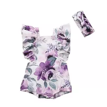 Летний комбинезон с цветочным принтом для маленьких девочек, боди с короткими рукавами и рюшами для новорожденных с повязкой на голову, цельные комбинезоны для младенцев, наряды S/70
