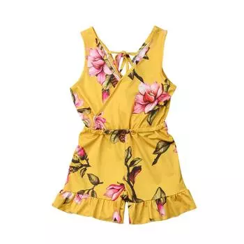 Летний комбинезон с цветочным принтом для маленьких девочек, комбинезон, одежда, детский костюм 1-2 Years жёлтый