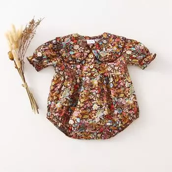 Летний комбинезон с цветочным принтом из хлопка и льна с короткими рукавами, цельная одежда для малышей 66