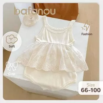 Летний комбинезон с кружевом для девочек, модный детский однотонный комбинезон, милый комбинезончик для малышей bafanou S184 66cm(3-6M) бежевый