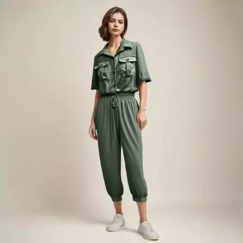 Летний комбинезон с завязками, эластичной резинкой на талии, короткими рукавами, лацканами, нагрудными карманами, одноцветный, однобортный, свободный XL чёрный