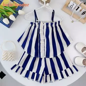 Летний комплект Bear Leader для девочек, топ в полоску с рюшами и широкие брюки для детей 2–7 лет, комплект из двух предметов AM4500 3T