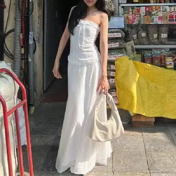 Летний комплект без бретелек на шнуровке в стиле пэчворк, комплект женской элегантной юбки без рукавов, модный милый галстук-бабочка, свободные комплекты плиссированной юбки трапециевидной формы 1080 S белый