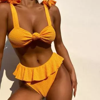 Летний комплект бикини из 2 шт./компл., сплошной цвет, кружевной комплект с открытой спиной и высокой талией, женские купальники с рюшами