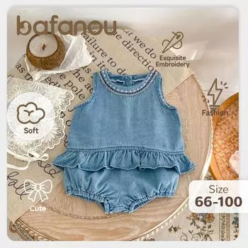 Летний комплект детской джинсовой одежды, однотонная детская одежда, комплекты одежды без рукавов для девочек, bafanou 560009 66cm(3-6M) синий