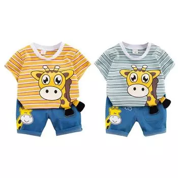 Летний комплект детской одежды с милым хлопковым рисунком оленя, детский топ с короткими рукавами, джинсовые шорты, комплект одежды из 2 предметов для маленьких мальчиков S