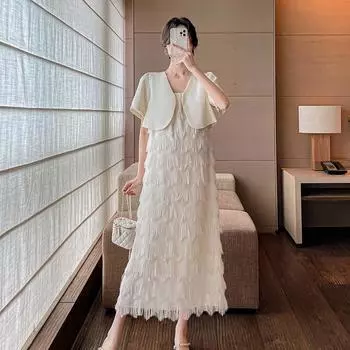 Летний комплект для беременных из двух частей: платье на подтяжках и короткая куртка M