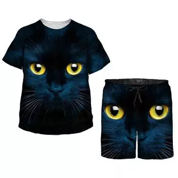 Летний комплект для детей, милый топ с короткими рукавами и шортами с принтом «Кейт», черный спортивный костюм, кавайные пижамы с героями мультфильмов для мальчиков и девочек 120cm