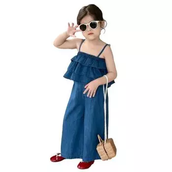 Летний комплект для девочек 2–7 лет, джинсовый топ на подтяжках и свободные широкие брюки, костюм-двойка 100 синий