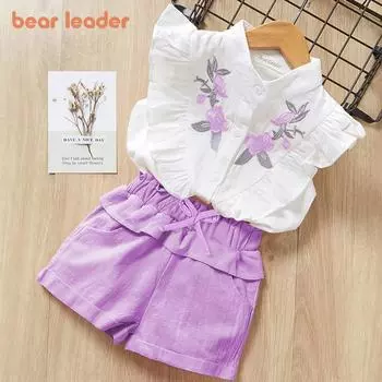 Летний комплект для девочек Bear Leader, хлопковый топ без рукавов с вышивкой и шорты, комплект из двух предметов, детская одежда для детей 3–7 лет, AZ905PL 3T