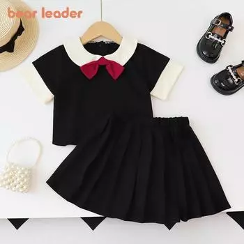 Летний комплект для девочек Bear Leader, топ с короткими рукавами и плиссированной юбкой в академическом стиле, комплект из двух предметов, детская одежда для детей 3-7 лет TQ052 3T