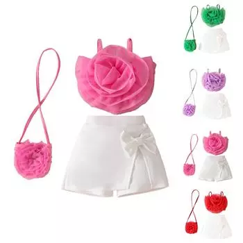 Летний комплект для девочек с объемным цветком, бантом на подтяжках и короткой юбкой, маленькой сумкой 73 зелёный