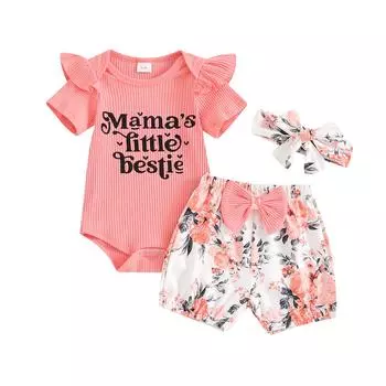 Летний комплект для маленьких девочек 3, 6, 12, 18 месяцев, комбинезон в рубчик с короткими рукавами и принтом, шорты с цветочным принтом, повязка на голову с бантом, одежда из 3 предметов для малышей 3-6 Months хаки