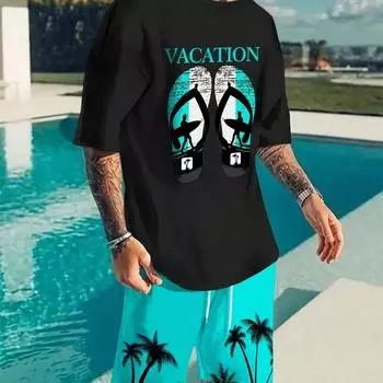 Летний комплект для отдыха для мужчин Manfinity RSRT: Шлепанцы с индивидуальным принтом, футболка с коротким рукавом с принтом в виде букв и шорты с принтом в виде кокосовой пальмы S