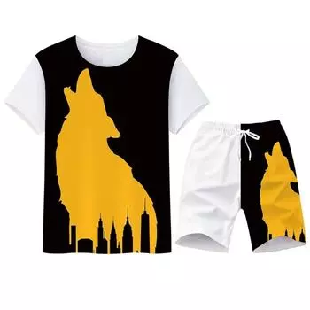 Летний комплект, футболка с изображением волка, костюм большого размера, мужской комплект футболок, мужские спортивные костюмы, мужские комплекты в пляжном стиле, забавная футболка с 3D принтом, шорты, костюм M