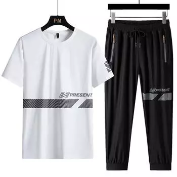 Летний комплект футболки с короткими рукавами из ледяного шелка, мужской повседневный свободный дышащий спортивный комплект большого размера S белый