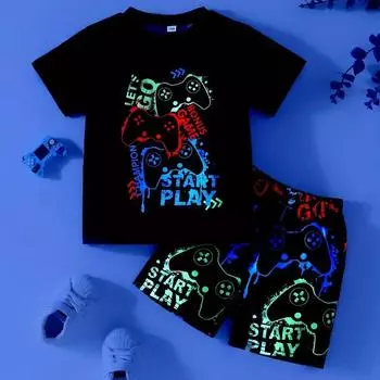 Летний комплект футболок для мальчиков, комплект из 2 шт., шорты с эластичной резинкой на талии, футболка с круглым вырезом и короткими рукавами, уличный стиль, повседневная детская одежда 100