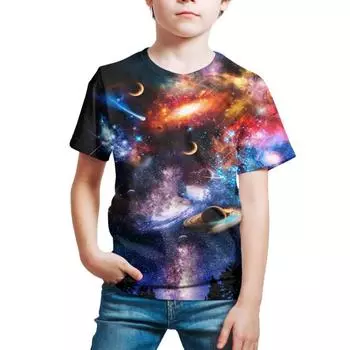 Летний комплект футболок с короткими рукавами и принтом «Звездное небо» для мальчиков и девочек, облегающая футболка с низом 90