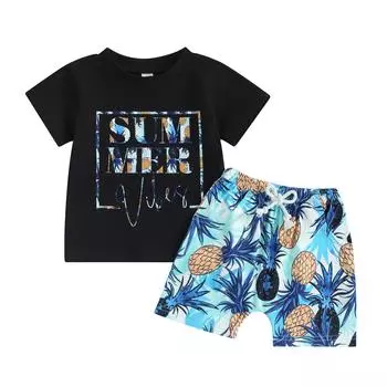 Летний комплект из 2 предметов для мальчика: топ с короткими рукавами + шорты с принтом ананаса, пляжная одежда 6-12 Months синий