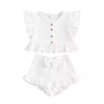 Летний комплект из 2 предметов для маленькой девочки, топ с оборками на пуговицах и рукавами-крылышками, шорты с эластичной резинкой на талии, комплект для малышей 6-12 Months белый