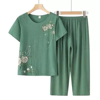 Летний комплект из 2 предметов для мам больших размеров, топ с короткими рукавами, стильные брюки-клеш для женщин 50 лет XXXXL синий